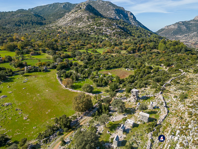 Aerial view of Sidyma with tombs scattered across the terraces