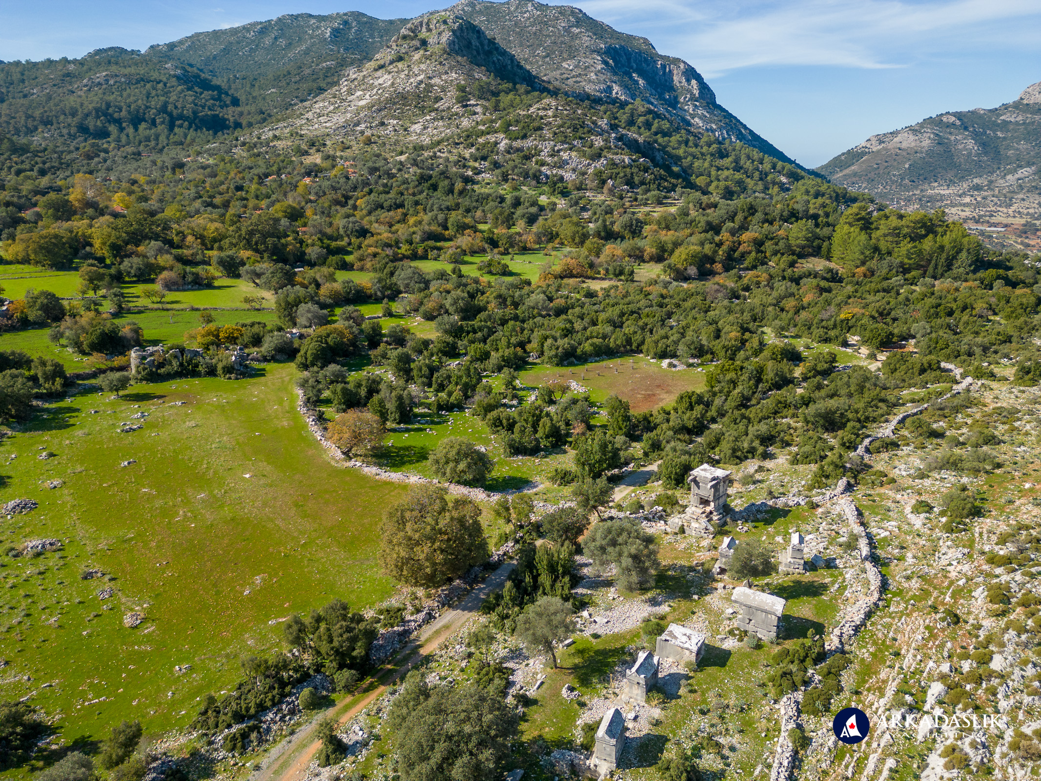 Aerial view of Sidyma with tombs scattered across the terraces