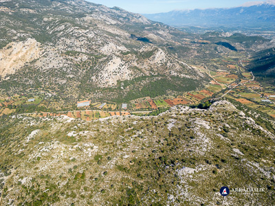Aerial view from the Sidyma acropolis overlooking farms in the valley
