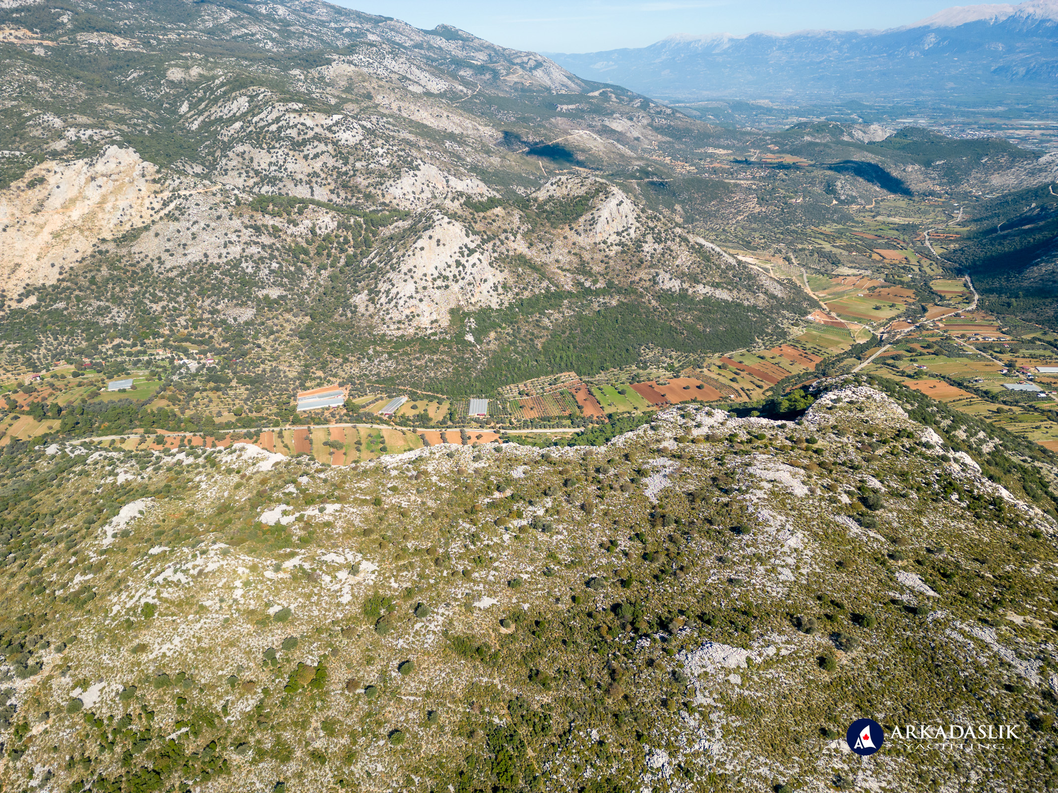 Aerial view from the Sidyma acropolis overlooking farms in the valley