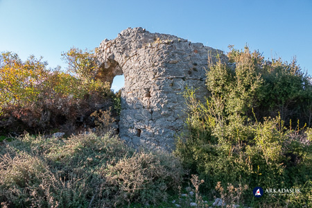 Church ruins partially hidden by dense vegetation at Sidyma