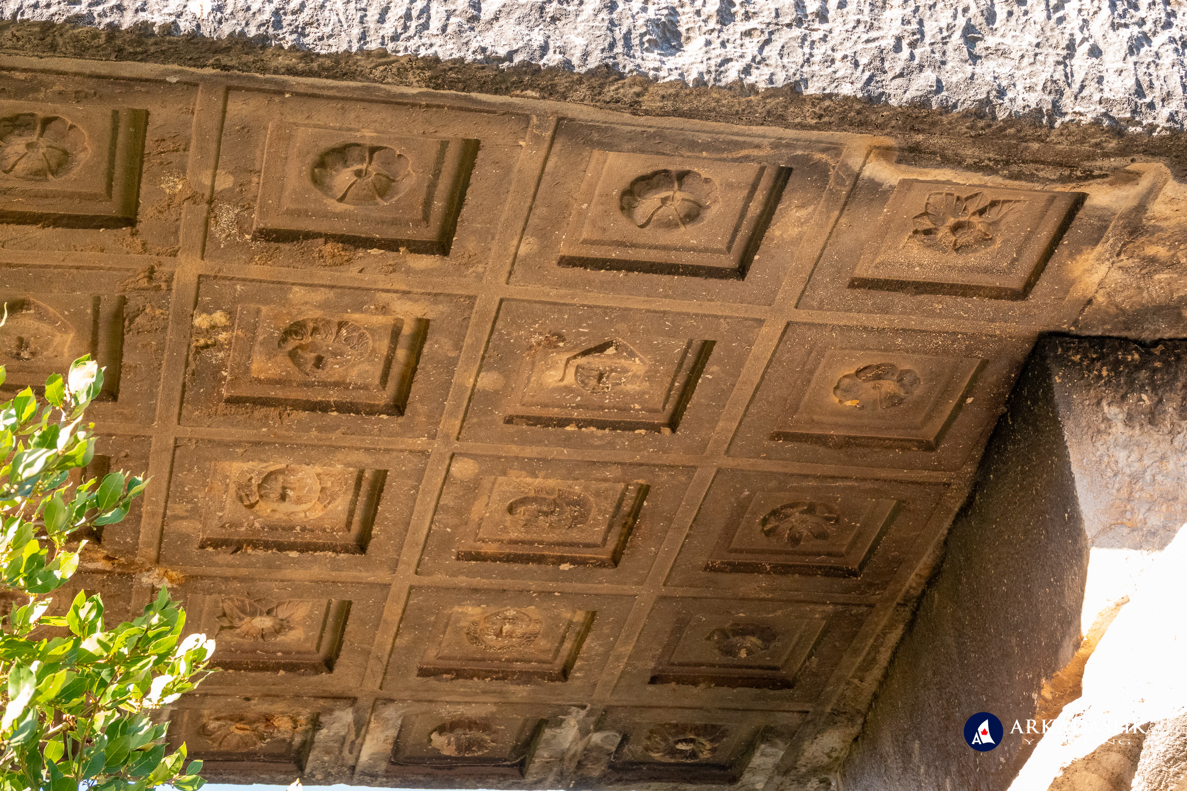 Angled view of the coffered ceiling of the Sidyma cassette-ceiling tomb