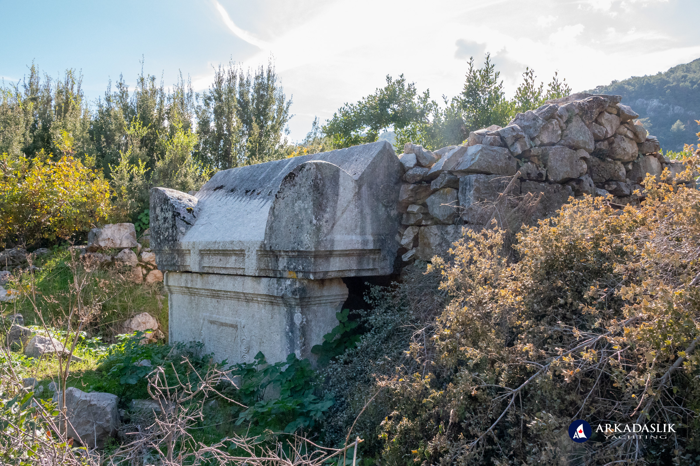Hip-style tomb partially hidden in vegetation at Sidyma