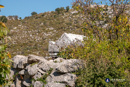 Tomb partly concealed behind a stone wall at Sidyma