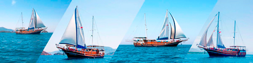 collage of images of a Blue Cruise gulet with sails raised
