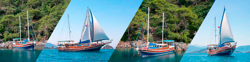 collage of images of gulets anchored in peaceful anchorages in Turkey and Greece